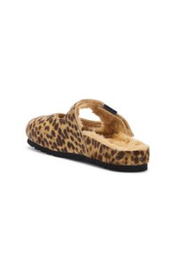 Pantofole con stampa leopardata, con un interno morbido e peloso, apertura sul retro e suola in gomma testurizzata. Presentano ritagli rotondi sui lati.