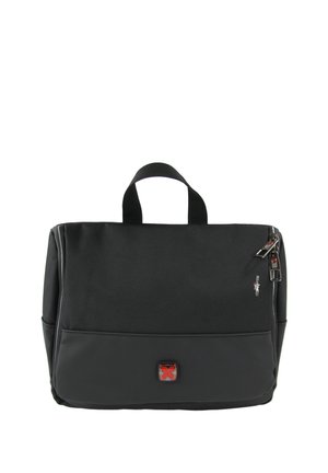 Zwarte rechthoekige zachte aktetas met voorvak met rits, bovenhandvat en rood Zwitsers kruislogo op het voorvak.