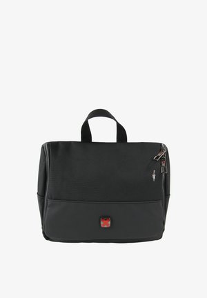 Zwarte rechthoekige zachte aktetas met voorvak met rits, bovenhandvat en rood Zwitsers kruislogo op het voorvak.