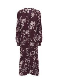 Langes, burgunderfarbenes Kleid mit floralem Print in Creme, mit einer durchgehenden Knopfleiste und langen Ärmeln, geeignet für Freizeit- oder semi-formelle Anlässe.