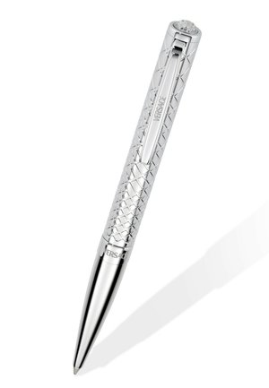 Srebrno kemično pero z diamantnim vzorcem na oprijemu, logotipom Versace na sponki in cevi, okrašeno s prozornim dragim kamnom na vrhu.