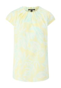 Blouse jaune à manches courtes avec un subtil motif de feuilles bleues, encolure froncée et étiquette taille 38.