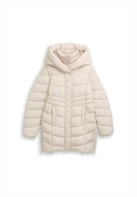 Manteau matelassé en beige clair avec une grande capuche, des coutures verticales, une fermeture éclair à l'avant et deux poches latérales. Texture lisse et design chaud.