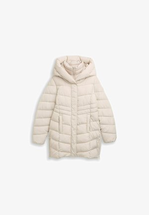 Gewatteerde jas in lichtbeige met een grote capuchon, verticale naden, ritssluiting aan de voorkant en twee zijzakken. Glad textuur en warm ontwerp.