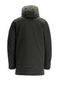 Veste imperméable vert foncé avec capuche. Présente un tissu lisse et texturé ainsi qu'une coupe décontractée. Comprend des coutures visibles sans ornements.