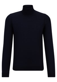 Pull à col roulé noir à manches longues avec poignets et ourlet côtelés, design tricoté simple et uni.