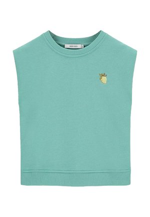 T-shirt à manches courtes, vert menthe, en mélange de coton, avec un col rond côtelé et un petit détail de fraise brodé.