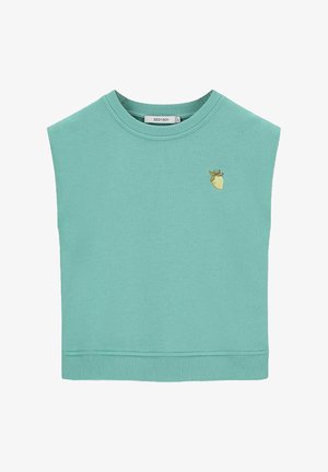 Kurze Ärmel, mintgrünes Oberteil aus Baumwollmischung, mit einem gerippten Rundhalsausschnitt und kleinem besticktem Erdbeerdetail.