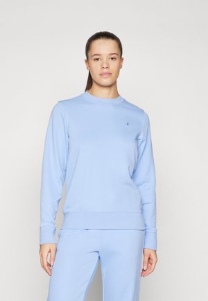 Light blue sweatshirt made of soft fabric, featuring a crew neckline and long sleeves. Includes small logo on the chest and ribbed cuffs.