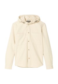Light beige button-up shirt with a hood, featuring two chest pockets and a soft, textured fabric. Flat collar with drawstring accents.