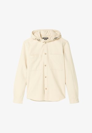 Light beige button-up shirt with a hood, featuring two chest pockets and a soft, textured fabric. Flat collar with drawstring accents.
