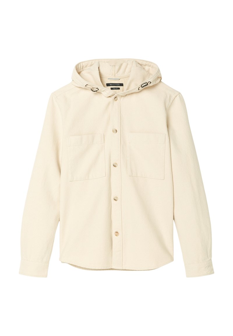 Light beige button-up shirt with a hood, featuring two chest pockets and a soft, textured fabric. Flat collar with drawstring accents.