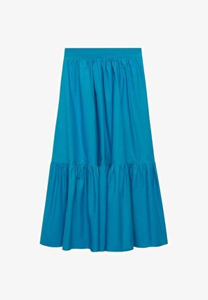 O fustă lungă, în mai multe straturi, confecționată dintr-un material de un albastru strălucitor. Are o talie plisată și o siluetă fluidă, cu o textură netedă și fără modele vizibile.