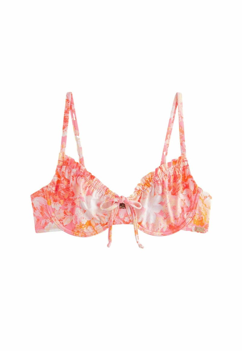 Bikini-top met een bloemenpatroon in tinten roze en oranje. Bevat verstelbare schouderbanden en een trekkoordsluiting in het midden met geplooide details.