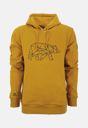 Gelber Pullover-Hoodie aus weichem Material mit einem geometrischen Bärenmotiv in Schwarz. Enthält eine Fronttasche und gerippte Bündchen.