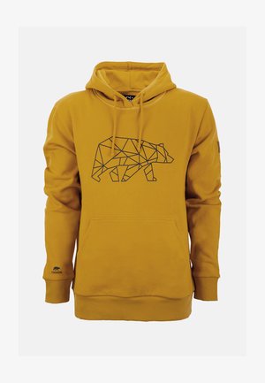 Gelber Pullover-Hoodie aus weichem Material mit einem geometrischen Bärenmotiv in Schwarz. Enthält eine Fronttasche und gerippte Bündchen.