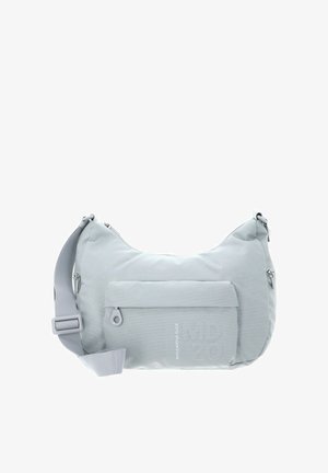 Sac bandoulière gris clair avec sangle ajustable, poche avant zippée et logo "Mandarina Duck" sur la poche avant.