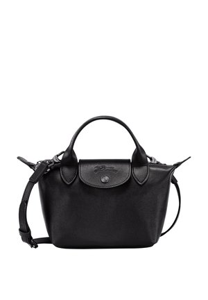 Black leather handbag with a structured shape, top handles, and a detachable shoulder strap. Features a subtly embossed logo and smooth texture.