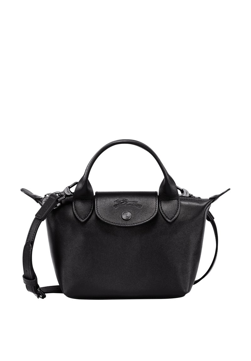 Schwarze Lederhandtasche mit einer strukturierten Form, oberen Griffen und einem abnehmbaren Schultergurt. Verfügt über ein dezent gepr ägtes Logo und eine glatte Textur.