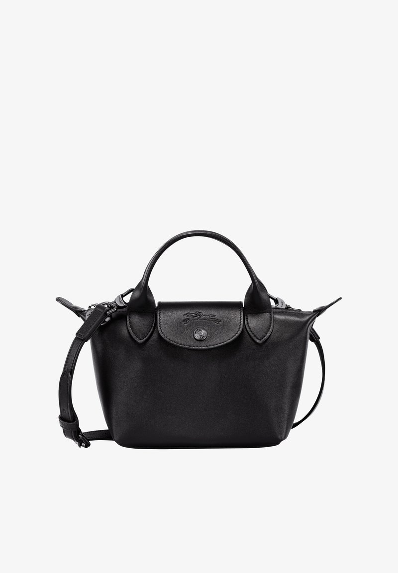 Black leather handbag with a structured shape, top handles, and a detachable shoulder strap. Features a subtly embossed logo and smooth texture.