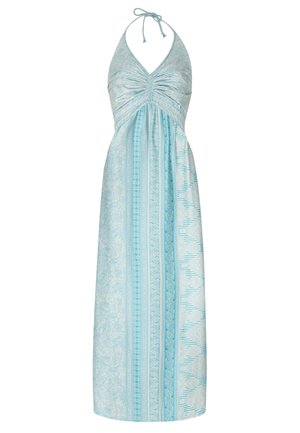 Lichtblauwe halter maxi-jurk met een geplooide top, ingewikkelde patronen en afwisselende streepontwerpen. Gemaakt van een zachte, vloeiende stof.