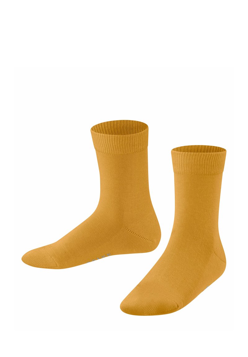 Deux paires de chaussettes jaune moutarde exposées côte à côte, avec un bord côtelé et une finition lisse.