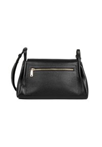Sac à main en cuir noir avec une finition texturée, comportant une poche zippée à l'avant, une sangle ajustable et une forme structurée. Accent en métal doré.