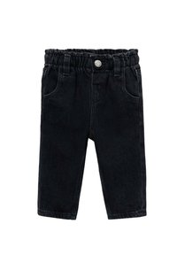 Pantaloni in denim neri con vita elasticizzata, due tasche anteriori e un design a gamba dritta. Il tessuto ha una consistenza liscia.