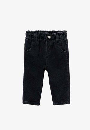 Pantaloni din denim negri, cu talie elastică, două buzunare frontale și un design cu croi drept. Țesătura are o textură netedă.