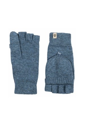 Blue knitted fingerless gloves with ribbed cuffs and a button accent. The textured fabric features a subtle pattern throughout.