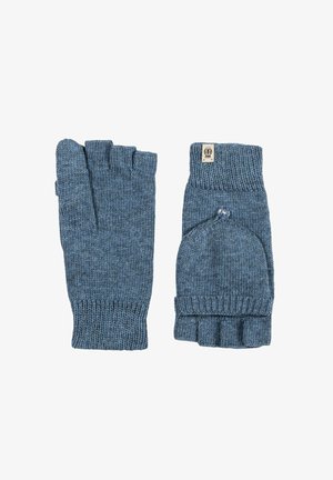 Blue knitted fingerless gloves with ribbed cuffs and a button accent. The textured fabric features a subtle pattern throughout.