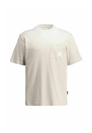 Crèmekleurig textuur T-shirt met korte mouwen, ronde hals en een klein zakje op de linkerborst.