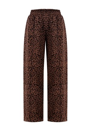 Braune Hose mit weitem Bein, schwarzem Leopardenmuster und elastischem Bund.