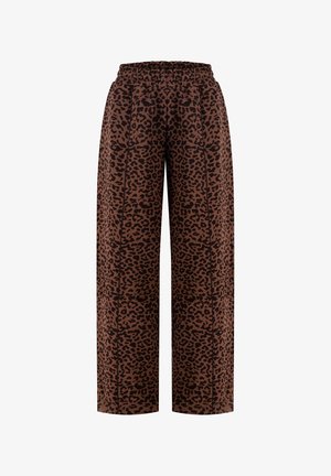 Braune Hose mit weitem Bein, schwarzem Leopardenmuster und elastischem Bund.