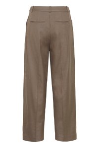 Pruunid laiad püksid siledast kangast kõrge vöökohaga, millel on kaks tagataskut ja õrn volt mööda sääri.