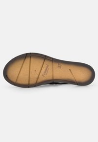 Sola di scarpa nera in gomma, con un design liscio e scanalature per la presa. Taglia 37 contrassegnata sul fondo, con una leggera abrasione.