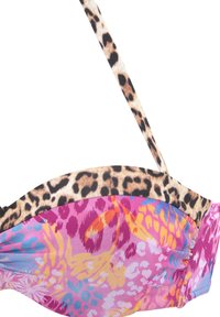 Spalvota bikini viršutinė dalis su leopardų rašto juostele ir ryškiomis gėlių detalėmis rožinės, violetinės, oranžinės ir mėlynos spalvų. Minkšta, tampri medžiaga.