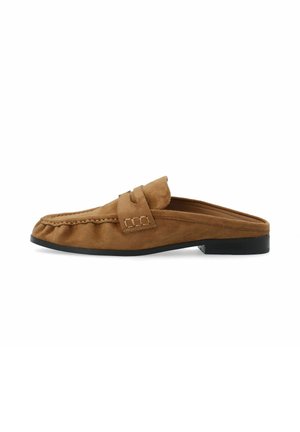 Brown suede backless loafer with black sole and stitched detailing along the front and side strap for slip-on wear.