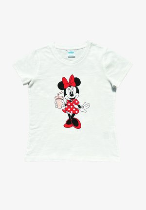 Camiseta blanca de algodón con un gráfico de un personaje de dibujos animados que lleva un lazo rojo, un vestido de lunares y una bebida con una pajita rosa.