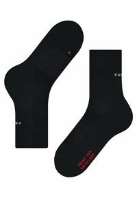 Calzini neri alla caviglia con tessuto testurizzato, dotati di tallone e punta rinforzati, contrassegnati con "R" in rosso e "FALKE RU4 42-43 LIGHT" in bianco.