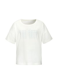 White cotton T-shirt with short sleeves, featuring a light blue printed text design that reads "SUNDAY MORNING" in a repeating pattern.