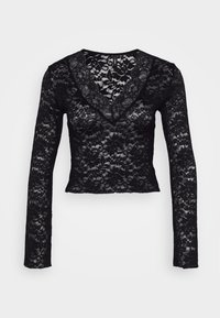 Schwarzes, langärmliges Crop-Top aus Spitze mit einem V-Ausschnitt und floralem Muster auf dem gesamten Stoff. Glatte Textur und figurbetonter Schnitt.