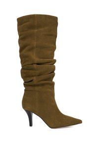 Olive green suede knee-high boot with a slouchy design, pointed toe, and a slender black heel. Soft texture with visible folds and creases.