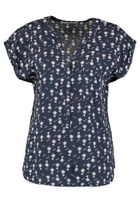 Mörkblå blus med kort ärm och blommönster, med V-ringning, knapprad och en liten ficka på vänster sida.