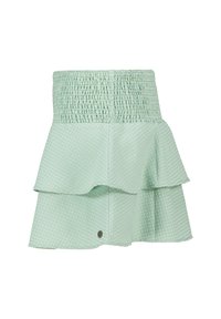 Falda acampanada de un verde claro con una cinturilla texturizada y fruncida. Presenta dos capas con volantes y un pequeño logotipo metálico cerca del dobladillo.