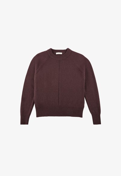 Burgunderfarbener Pullover mit Rundhalsausschnitt, Raglanärmeln, gerippten Bündchen und Saum. Weiche Textur mit gestricktem Muster und zentralem Nahtdetail.