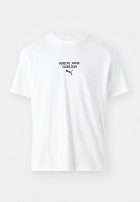 Hvid bomulds t-shirt med teksten "PORSCHE LEAGUE TURBO CLUB" og et sort Puma-logo. Rund halsudskæring og korte ærmer.