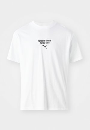 White cotton t-shirt featuring the text "PORSCHE LEAGUE TURBO CLUB" and a black Puma logo. Round neckline and short sleeves.