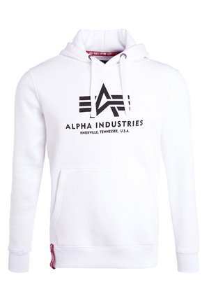White hoodie made of cotton blend, featuring a front pocket, drawstrings at the hood, and a black graphic logo with text on the front.