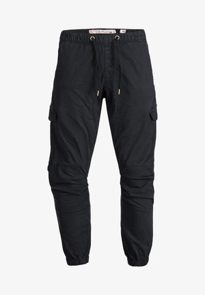 Pantalons cargo noirs en tissu léger, dotés d'une taille élastique, d'un cordon de serrage et de poches latérales avec une coupe fuselée.